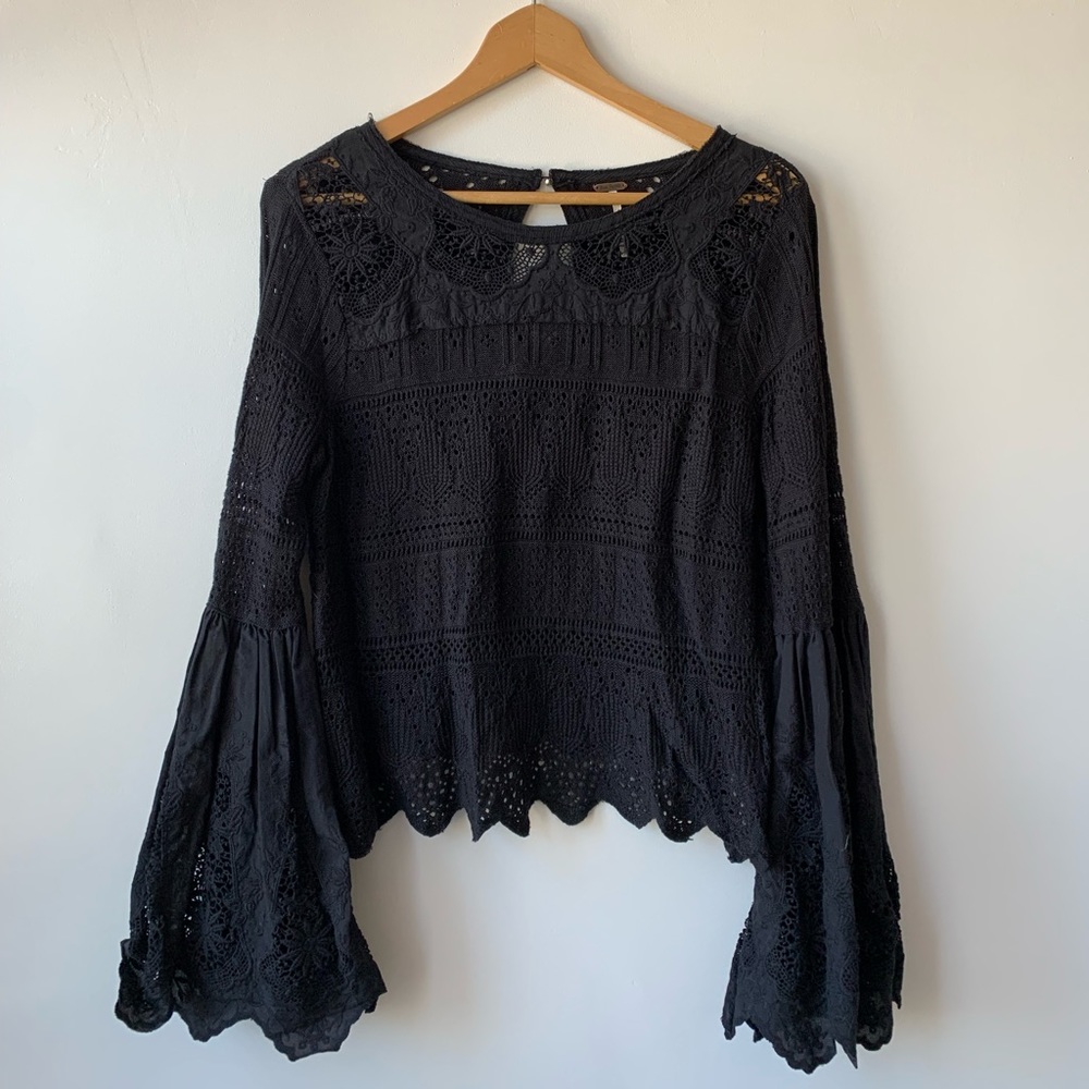 Free People Black Crochet Knit Embroidered Bell Sleeve Top